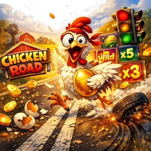 Bright promo image for Chicken Road slot featuring a funny chicken, road lanes, coins, and playful crash-game energy.